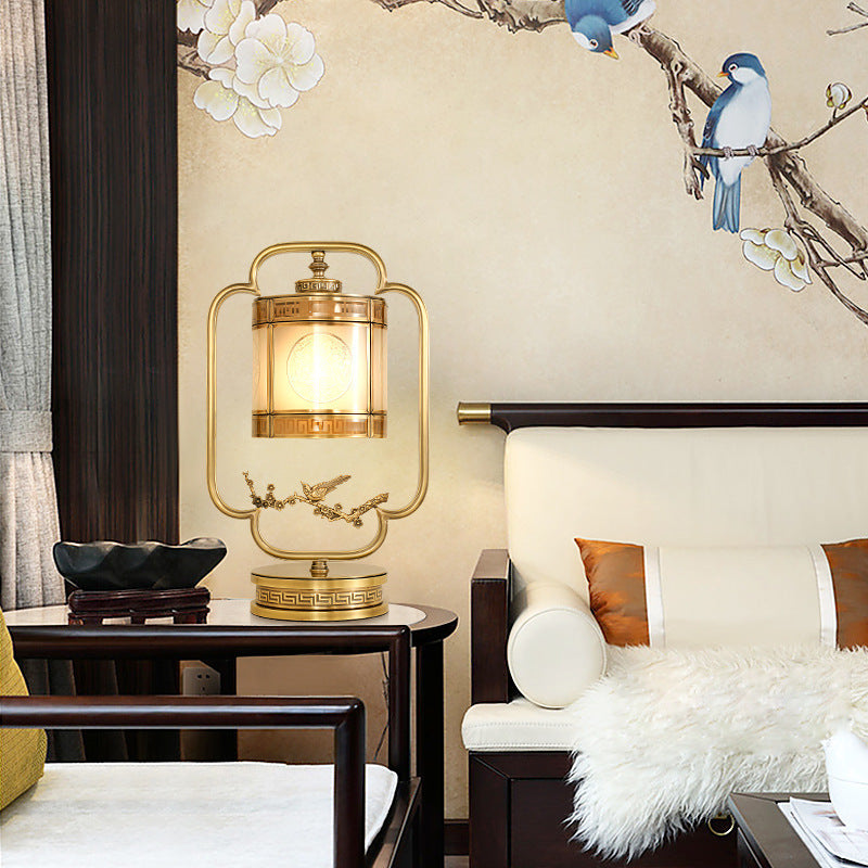 Traditional Chinese Copper & Glass Cylindrical 1-Light Table Lamp For Bedroom & Living Room