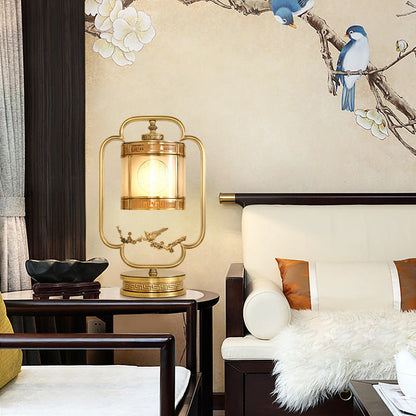 Traditional Chinese Copper & Glass Cylindrical 1-Light Table Lamp For Bedroom & Living Room