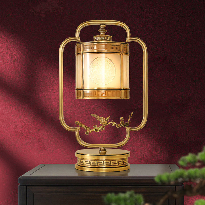 Traditional Chinese Copper & Glass Cylindrical 1-Light Table Lamp For Bedroom & Living Room