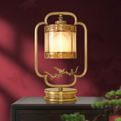 Traditional Chinese Copper & Glass Cylindrical 1-Light Table Lamp For Bedroom & Living Room