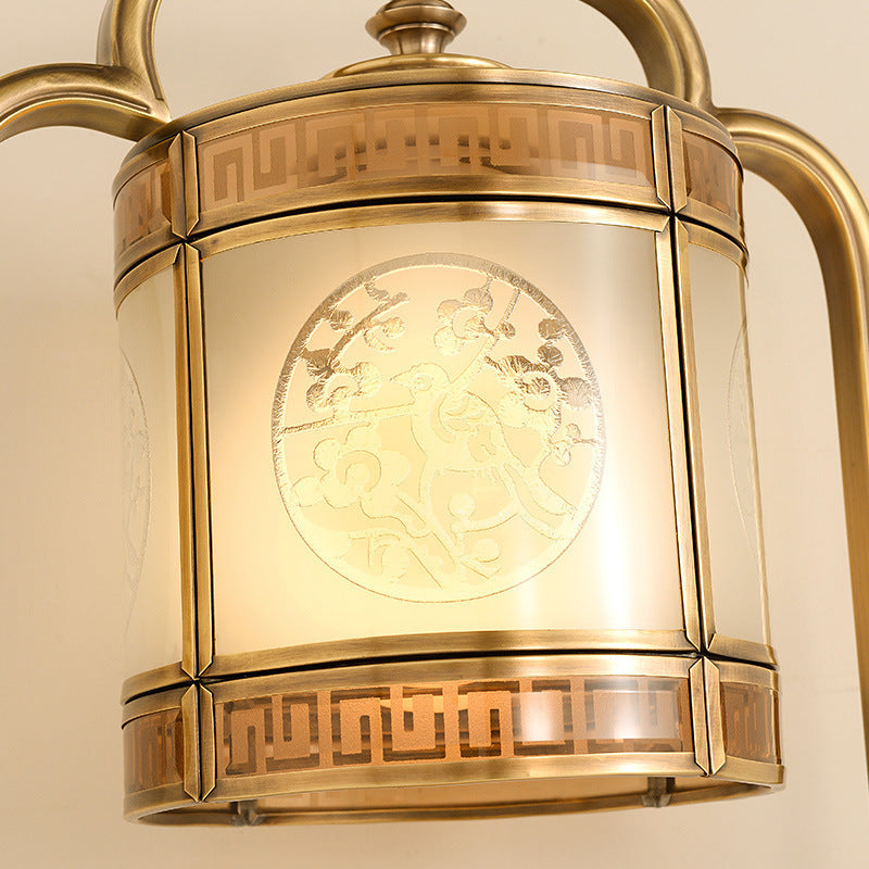 Traditional Chinese Copper & Glass Cylindrical 1-Light Table Lamp For Bedroom & Living Room