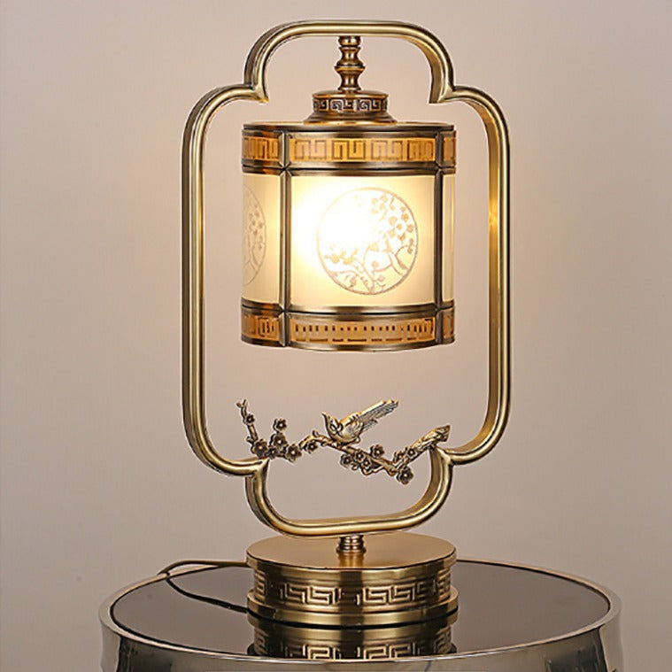 Traditional Chinese Copper & Glass Cylindrical 1-Light Table Lamp For Bedroom & Living Room
