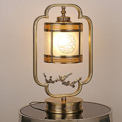 Traditional Chinese Copper & Glass Cylindrical 1-Light Table Lamp For Bedroom & Living Room