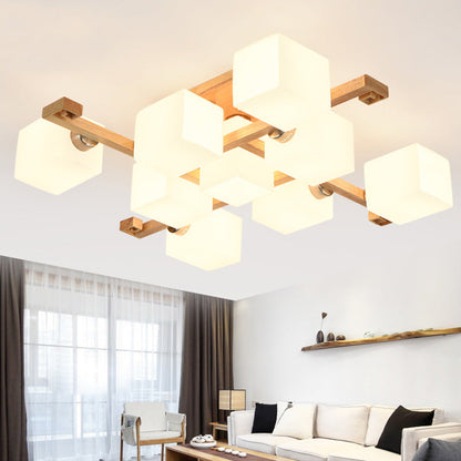 Contemporary Nordic Wood & Glass Square Cube 4/5/8/9-Light Semi-Flush Mount Ceiling Light For Bedroom & Living Room