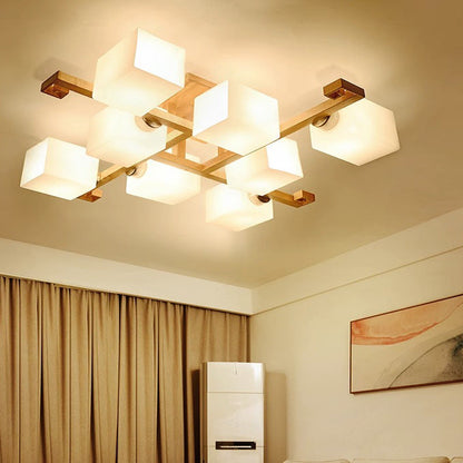 Contemporary Nordic Wood & Glass Square Cube 4/5/8/9-Light Semi-Flush Mount Ceiling Light For Bedroom & Living Room