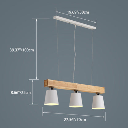 Contemporary Nordic Wood & Iron Cone Linear 3/5-Light Island Light Chandelier For Dining Room, Bedroom, Living Room