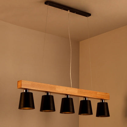 Contemporary Nordic Wood & Iron Cone Linear 3/5-Light Island Light Chandelier For Dining Room, Bedroom, Living Room