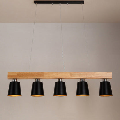 Contemporary Nordic Wood & Iron Cone Linear 3/5-Light Island Light Chandelier For Dining Room, Bedroom, Living Room