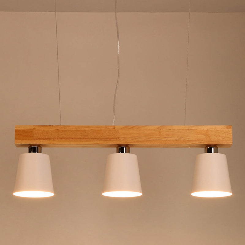 Contemporary Nordic Wood & Iron Cone Linear 3/5-Light Island Light Chandelier For Dining Room, Bedroom, Living Room
