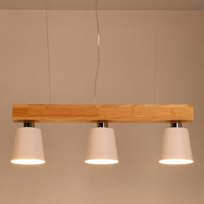 Contemporary Nordic Wood & Iron Cone Linear 3/5-Light Island Light Chandelier For Dining Room, Bedroom, Living Room
