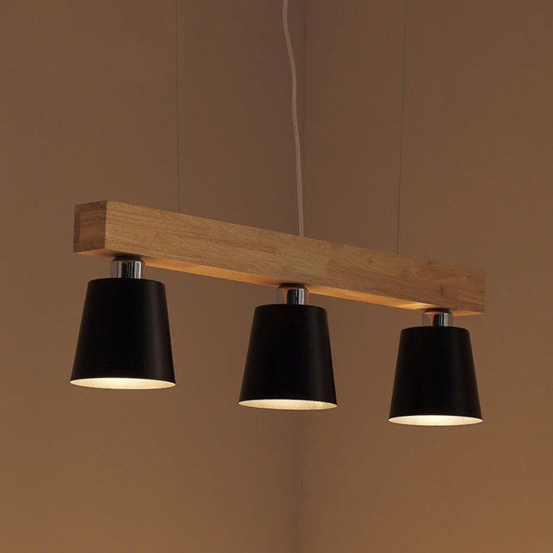 Contemporary Nordic Wood & Iron Cone Linear 3/5-Light Island Light Chandelier For Dining Room, Bedroom, Living Room
