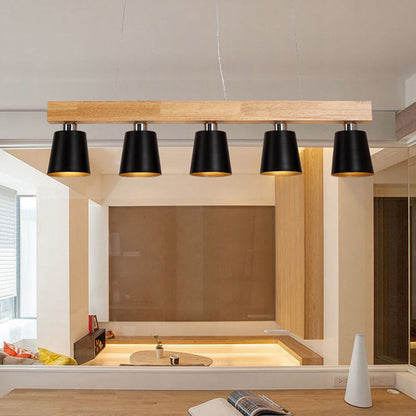 Contemporary Nordic Wood & Iron Cone Linear 3/5-Light Island Light Chandelier For Dining Room, Bedroom, Living Room