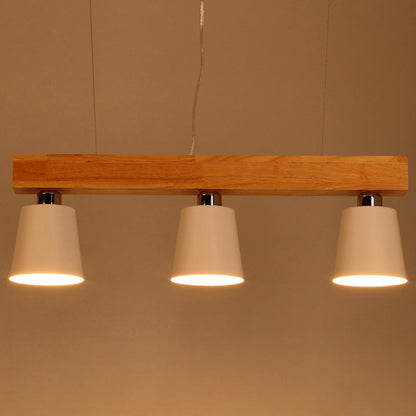 Contemporary Nordic Wood & Iron Cone Linear 3/5-Light Island Light Chandelier For Dining Room, Bedroom, Living Room