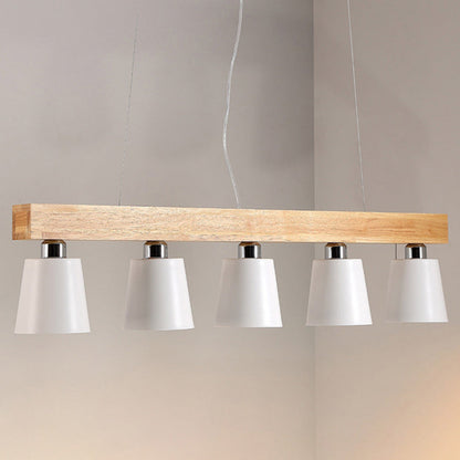 Contemporary Nordic Wood & Iron Cone Linear 3/5-Light Island Light Chandelier For Dining Room, Bedroom, Living Room