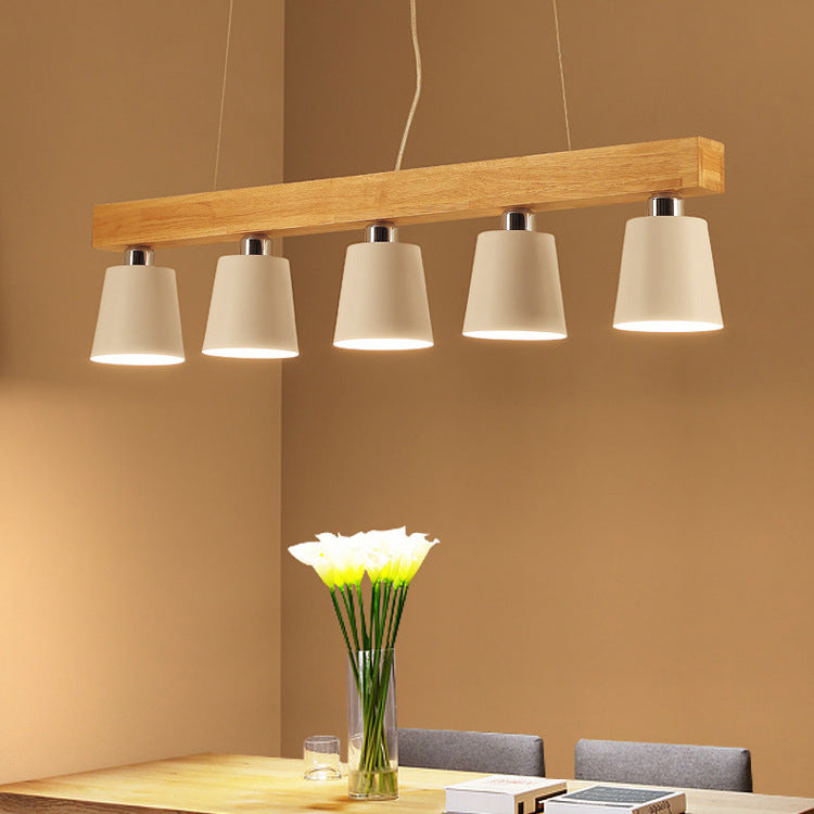 Contemporary Nordic Wood & Iron Cone Linear 3/5-Light Island Light Chandelier For Dining Room, Bedroom, Living Room