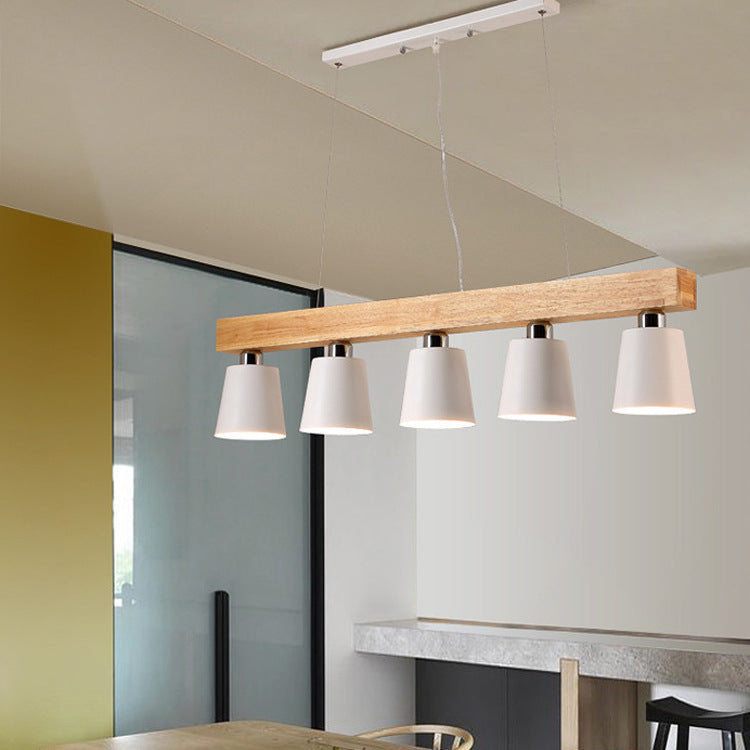 Contemporary Nordic Wood & Iron Cone Linear 3/5-Light Island Light Chandelier For Dining Room, Bedroom, Living Room