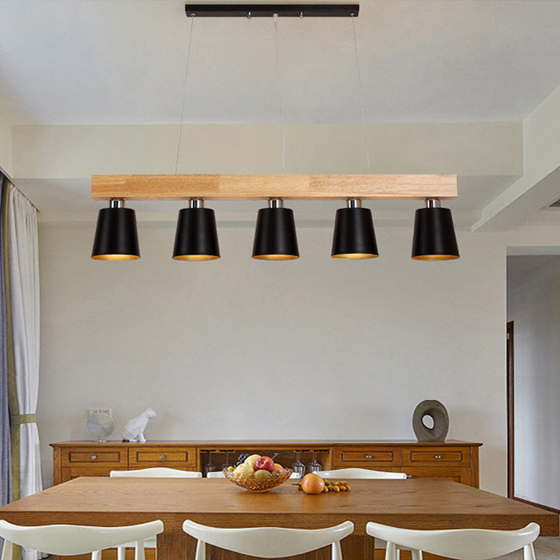 Contemporary Nordic Wood & Iron Cone Linear 3/5-Light Island Light Chandelier For Dining Room, Bedroom, Living Room