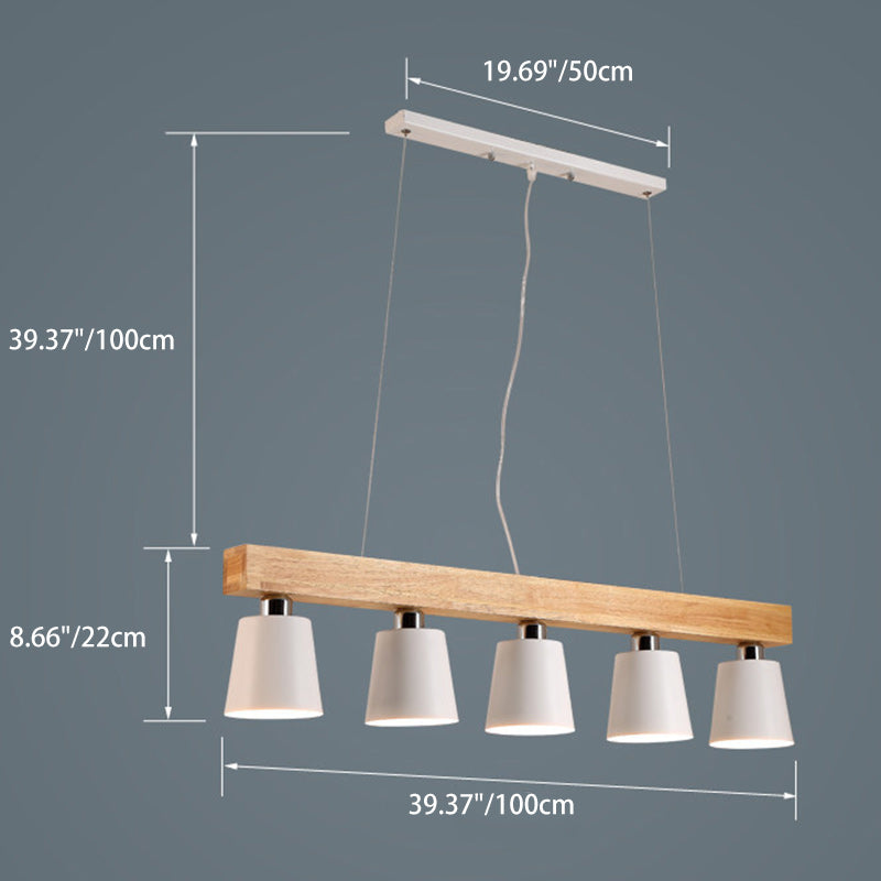 Contemporary Nordic Wood & Iron Cone Linear 3/5-Light Island Light Chandelier For Dining Room, Bedroom, Living Room