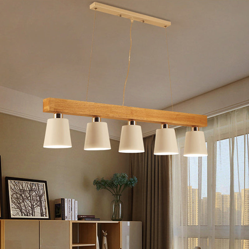 Contemporary Nordic Wood & Iron Cone Linear 3/5-Light Island Light Chandelier For Dining Room, Bedroom, Living Room