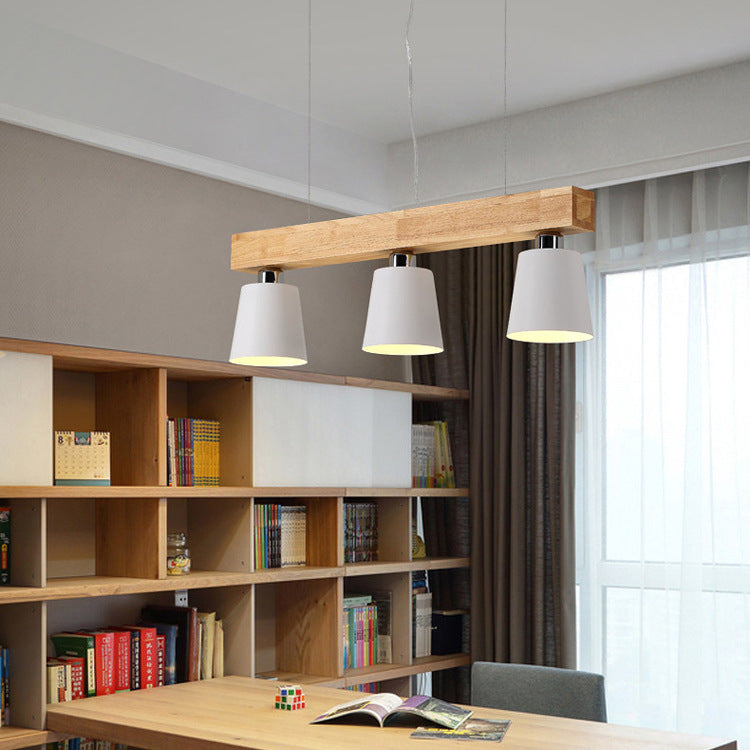 Contemporary Nordic Wood & Iron Cone Linear 3/5-Light Island Light Chandelier For Dining Room, Bedroom, Living Room