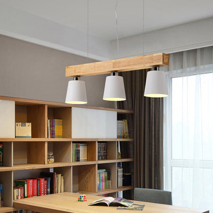 Contemporary Nordic Wood & Iron Cone Linear 3/5-Light Island Light Chandelier For Dining Room, Bedroom, Living Room