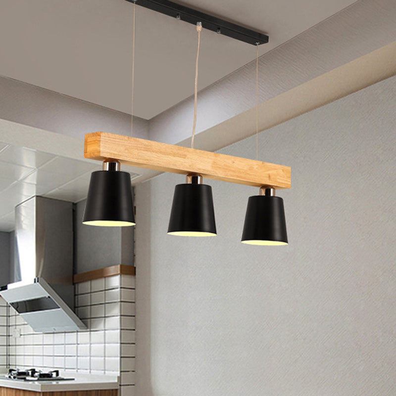 Contemporary Nordic Wood & Iron Cone Linear 3/5-Light Island Light Chandelier For Dining Room, Bedroom, Living Room
