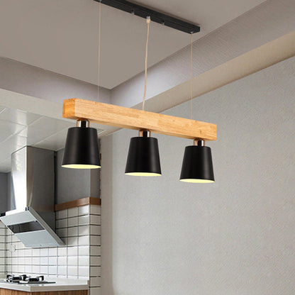 Contemporary Nordic Wood & Iron Cone Linear 3/5-Light Island Light Chandelier For Dining Room, Bedroom, Living Room