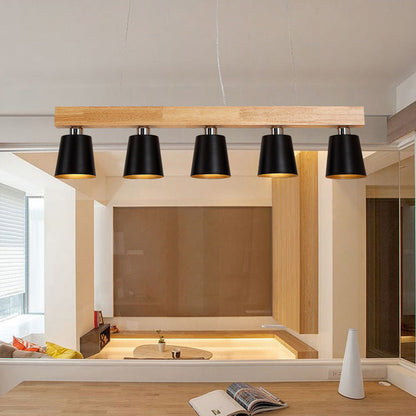 Contemporary Nordic Wood & Iron Cone Linear 3/5-Light Island Light Chandelier For Dining Room, Bedroom, Living Room