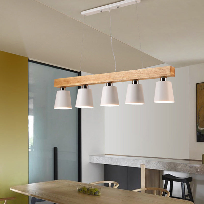 Contemporary Nordic Wood & Iron Cone Linear 3/5-Light Island Light Chandelier For Dining Room, Bedroom, Living Room