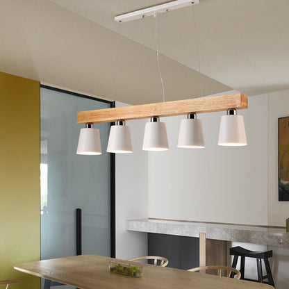 Contemporary Nordic Wood & Iron Cone Linear 3/5-Light Island Light Chandelier For Dining Room, Bedroom, Living Room