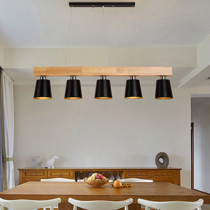 Contemporary Nordic Wood & Iron Cone Linear 3/5-Light Island Light Chandelier For Dining Room, Bedroom, Living Room