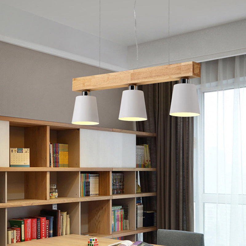 Contemporary Nordic Wood & Iron Cone Linear 3/5-Light Island Light Chandelier For Dining Room, Bedroom, Living Room