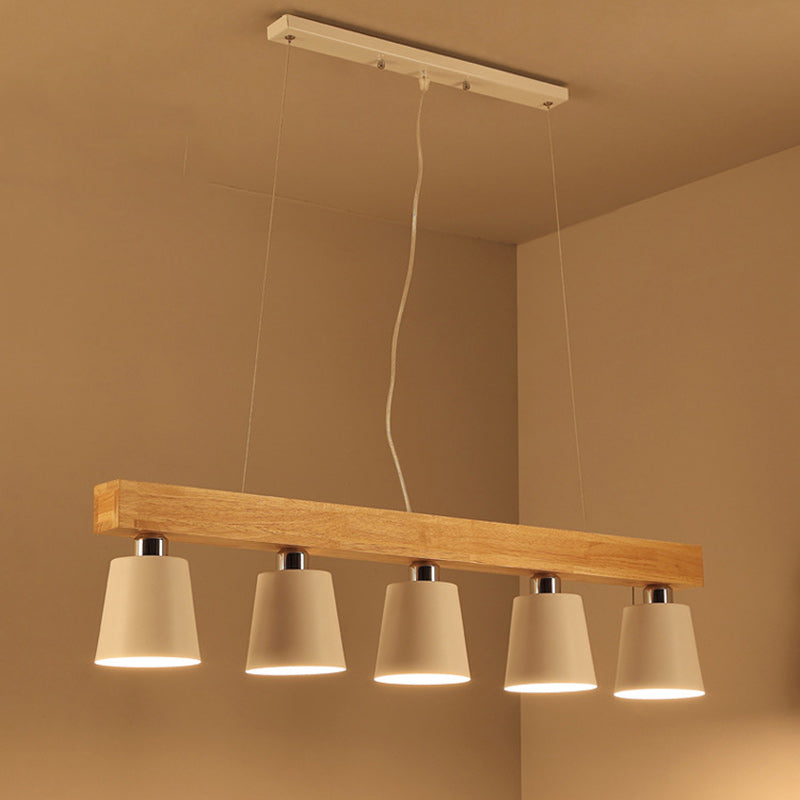 Contemporary Nordic Wood & Iron Cone Linear 3/5-Light Island Light Chandelier For Dining Room, Bedroom, Living Room