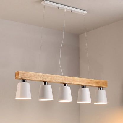 Contemporary Nordic Wood & Iron Cone Linear 3/5-Light Island Light Chandelier For Dining Room, Bedroom, Living Room