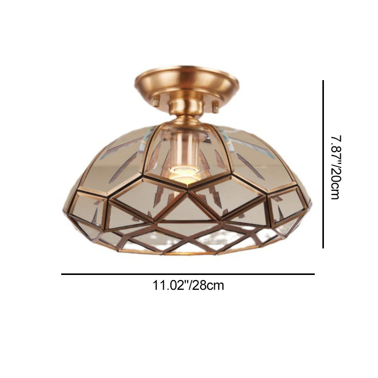 Traditional Vintage Brass & Glass Pyramid 1-Light Semi-Flush Mount Ceiling Light For Bedroom & Living Room