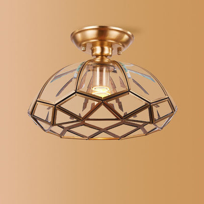 Traditional Vintage Brass & Glass Pyramid 1-Light Semi-Flush Mount Ceiling Light For Bedroom & Living Room