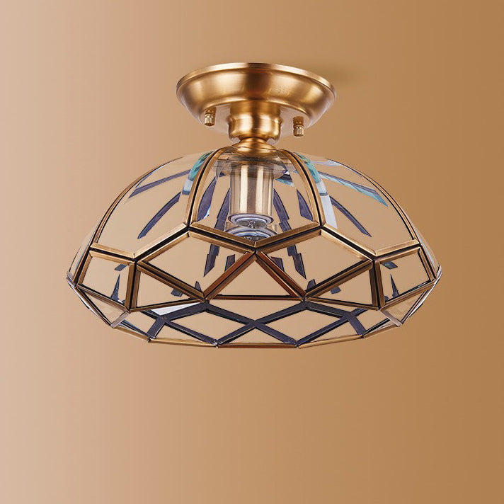 Traditional Vintage Brass & Glass Pyramid 1-Light Semi-Flush Mount Ceiling Light For Bedroom & Living Room