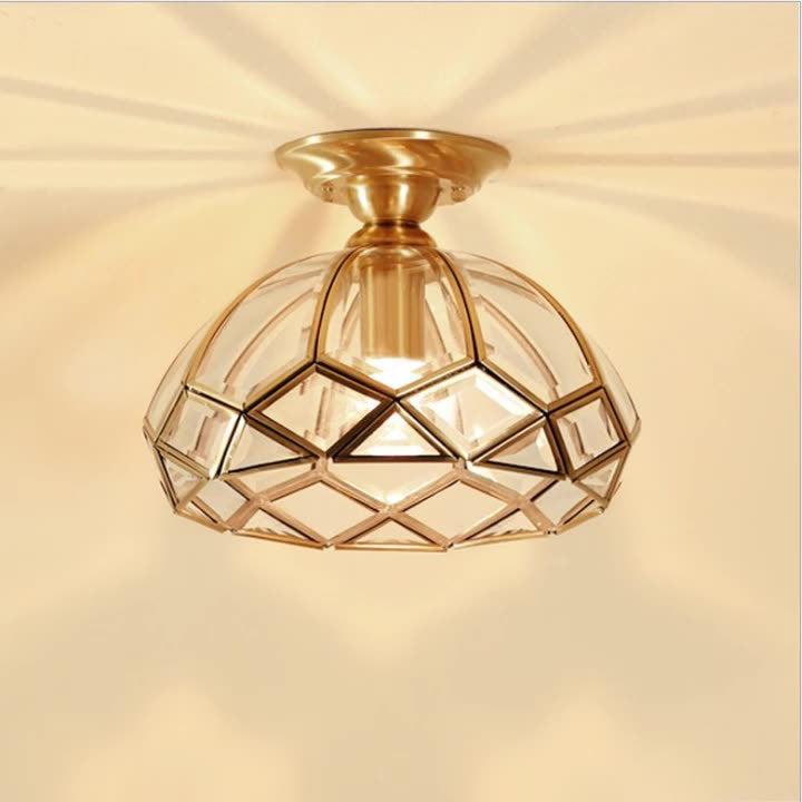 Traditional Vintage Brass & Glass Pyramid 1-Light Semi-Flush Mount Ceiling Light For Bedroom & Living Room