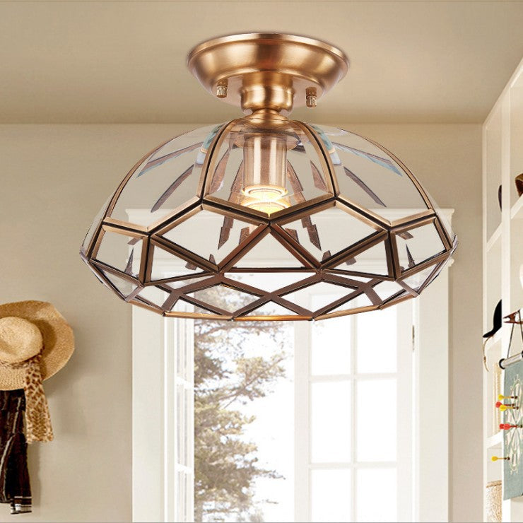 Traditional Vintage Brass & Glass Pyramid 1-Light Semi-Flush Mount Ceiling Light For Bedroom & Living Room