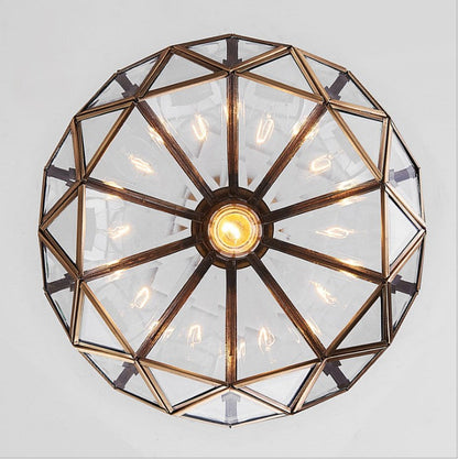 Traditional Vintage Brass & Glass Pyramid 1-Light Semi-Flush Mount Ceiling Light For Bedroom & Living Room