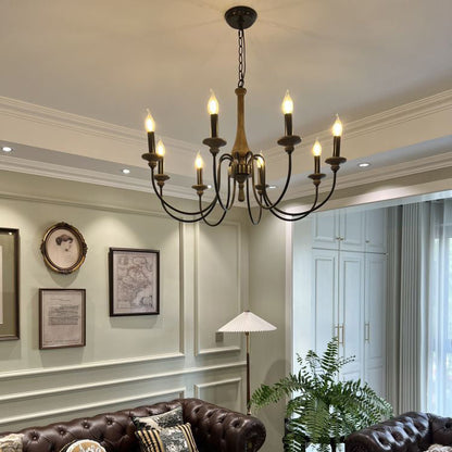 Traditional Rustic Metal Wood Candelabra 6/8/12-Light Chandelier For Living Room & Bedroom