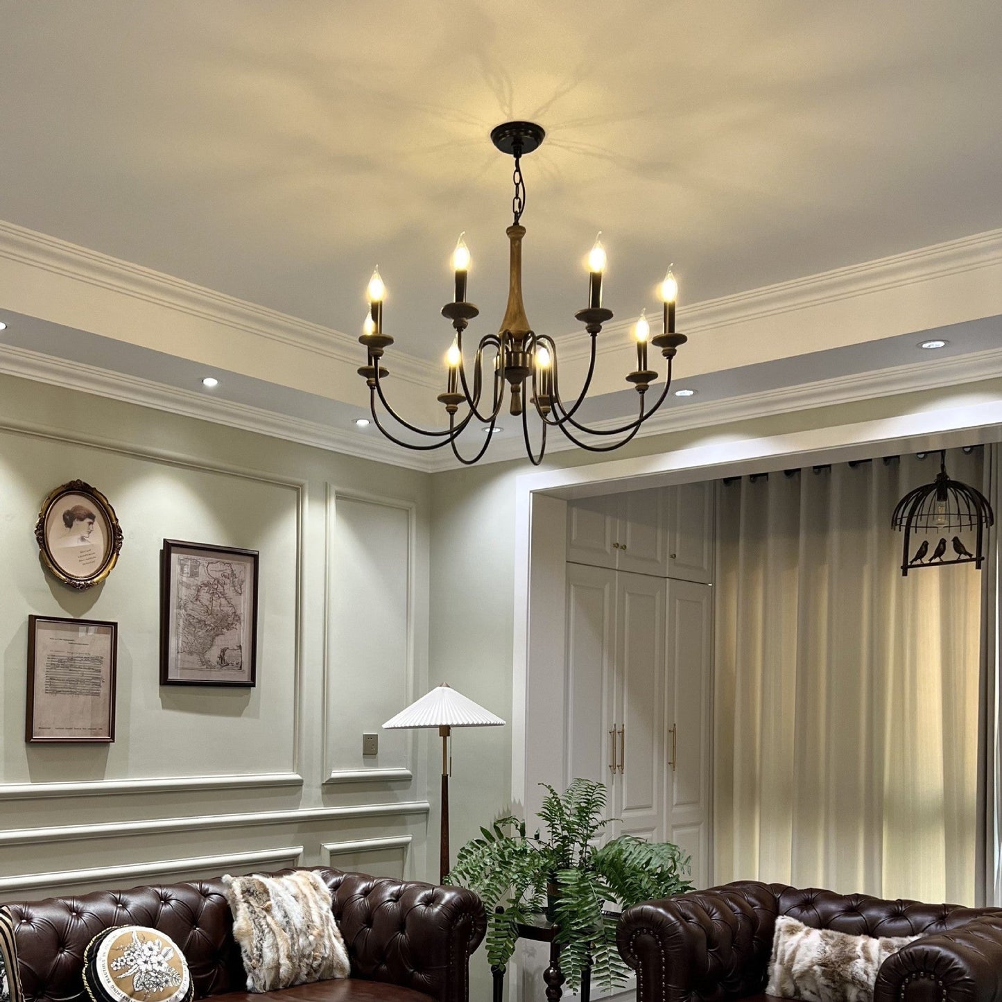 Traditional Rustic Metal Wood Candelabra 6/8/12-Light Chandelier For Living Room & Bedroom