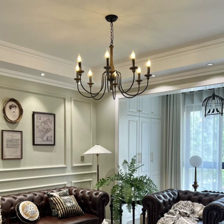 Traditional Rustic Metal Wood Candelabra 6/8/12-Light Chandelier For Living Room & Bedroom