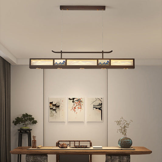 Traditional Chinese Iron, Acrylic & Stainless Steel Rectangular LED Chandelier For Dining Room & Living Room