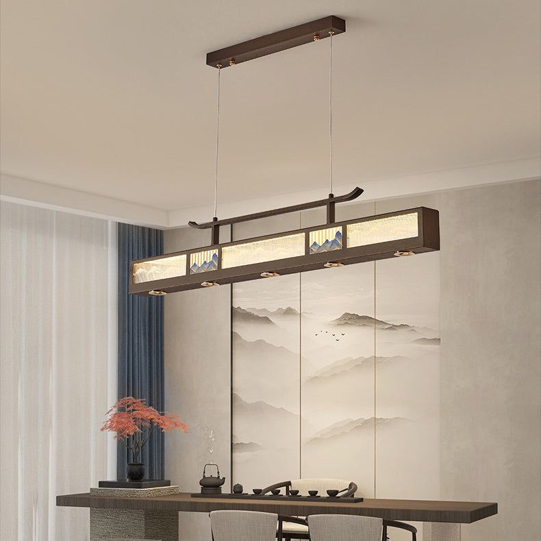 Traditional Chinese Iron, Acrylic & Stainless Steel Rectangular LED Chandelier For Dining Room & Living Room