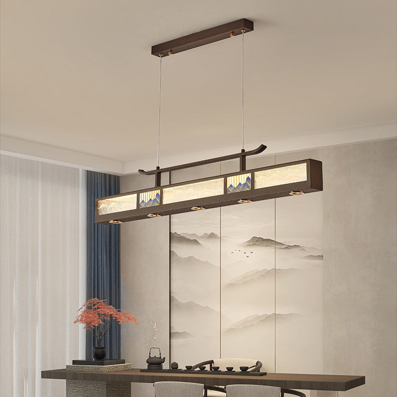 Traditional Chinese Iron, Acrylic & Stainless Steel Rectangular LED Chandelier For Dining Room & Living Room