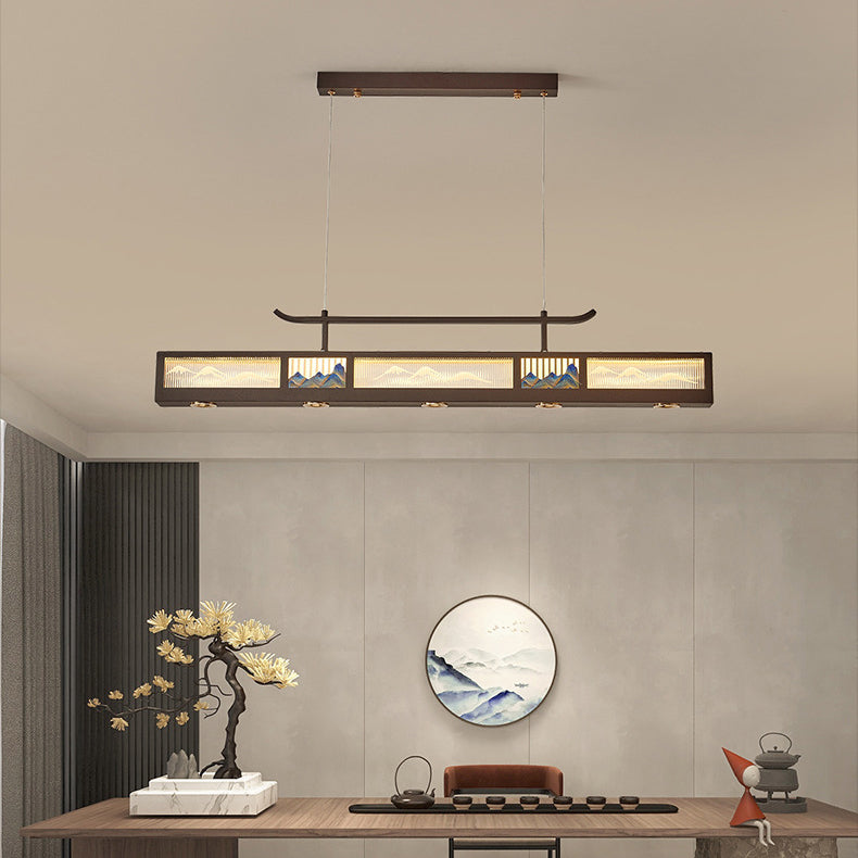 Traditional Chinese Iron, Acrylic & Stainless Steel Rectangular LED Chandelier For Dining Room & Living Room