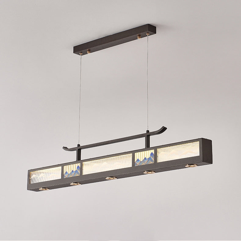 Traditional Chinese Iron, Acrylic & Stainless Steel Rectangular LED Chandelier For Dining Room & Living Room
