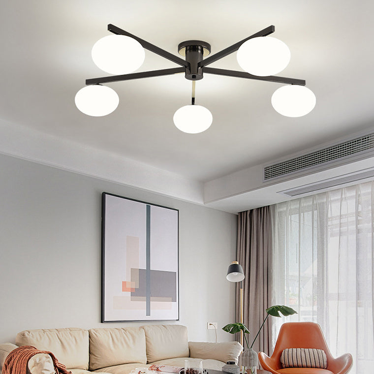 Modern Minimalist Iron & Glass Oval Branch 3/5-Light Semi-Flush Mount Ceiling Light For Bedroom & Living Room
