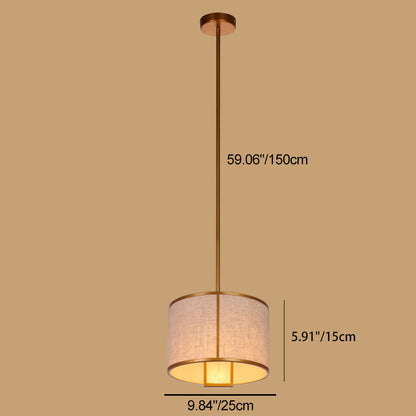 Traditional Chinese Carbon Steel & Fabric Cylinder Pendant Light 1-Light For Bedroom & Living Room